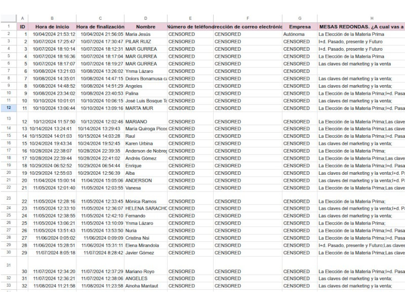 Captura de hoja de calculo del generador de agenda B2B