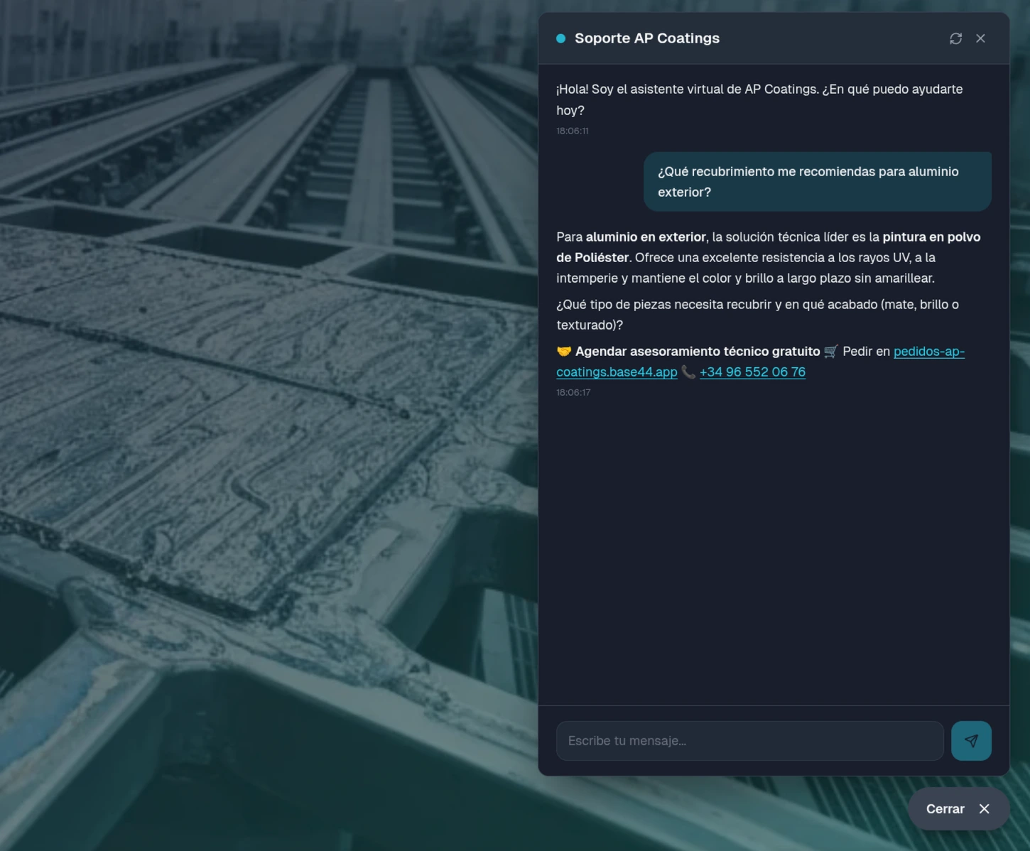 Chatbot con IA integrado en la web de APCoatings